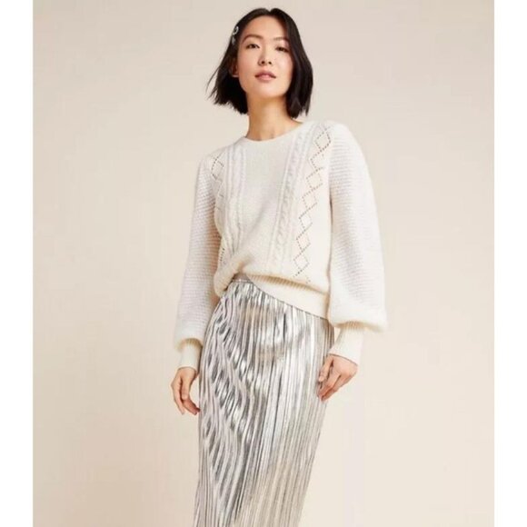 Anthropologie Elizabeth Pointelle Wool Sweater Ivory Size XS Knit Alpaca - Picture 1 of 7